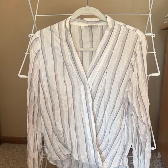 LOFT White and Blue Striped Wrap Top - Picture 1 of 1
